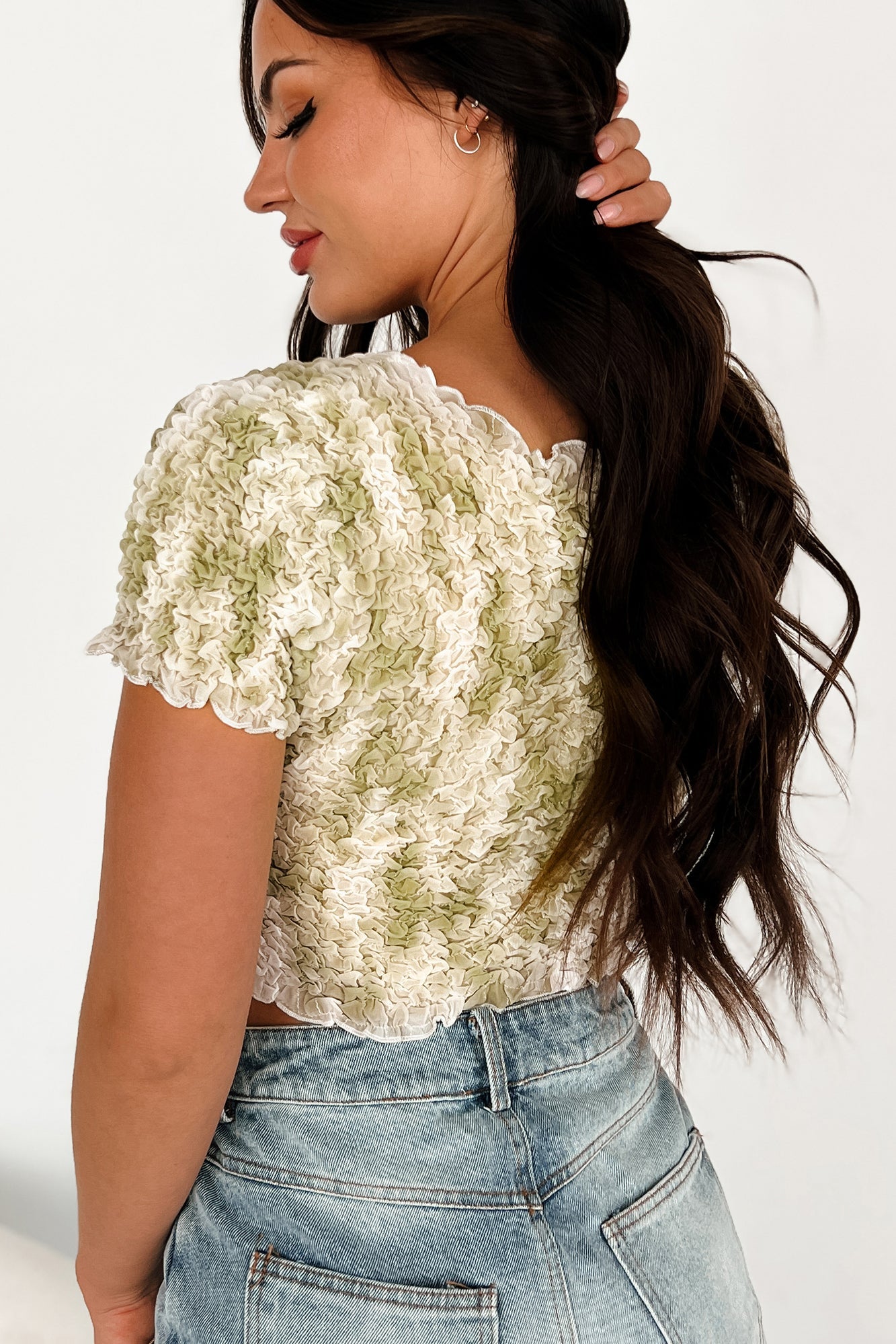 Tribute To The Past Bubble Smocked Crop Top (Olive/White)