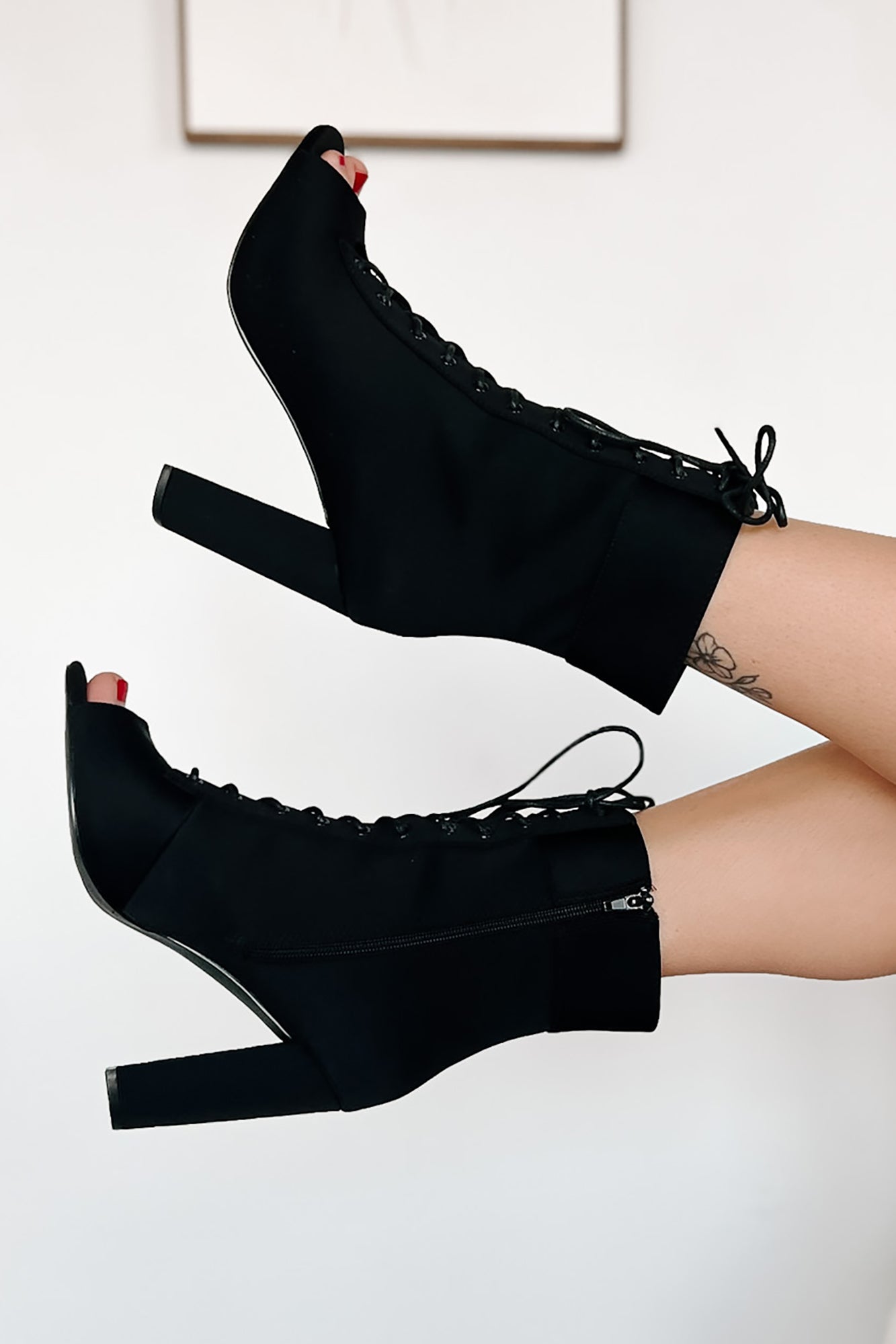 Uptown Chic Open Toe Lace-Up Booties (Black)