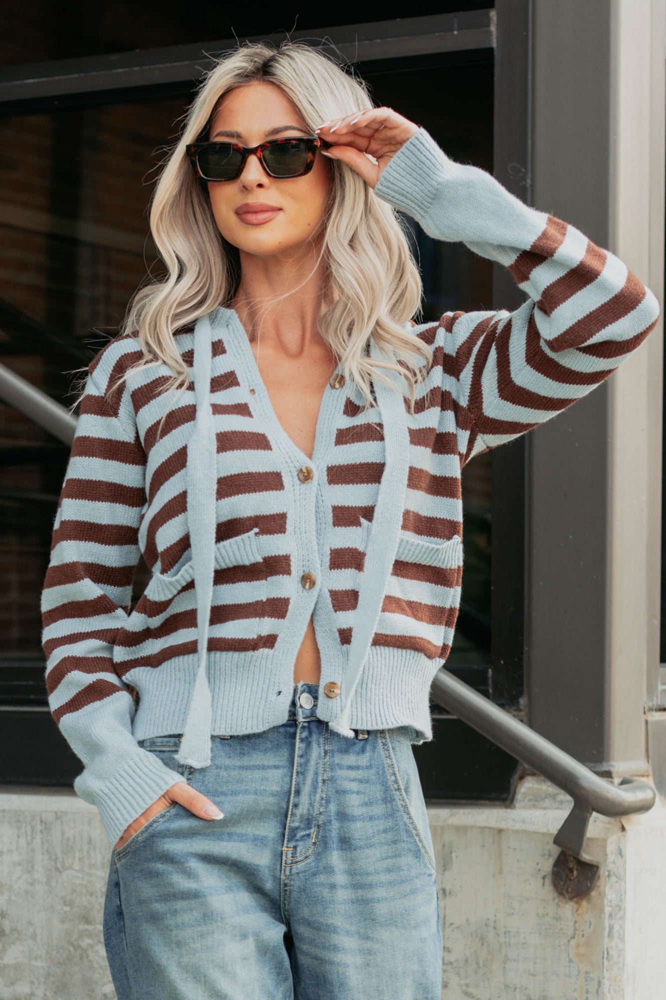 Sinking In Striped Knit Hooded Cardigan (Light Blue)