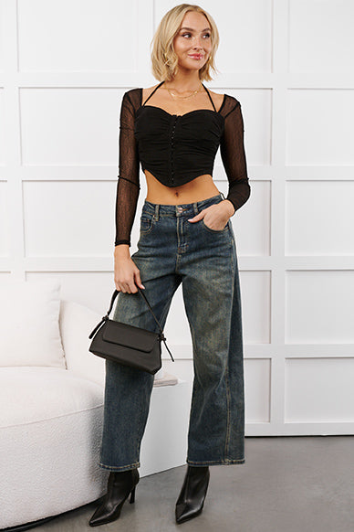 Whisper Of Romance Sweetheart Mesh Crop Top (Black)