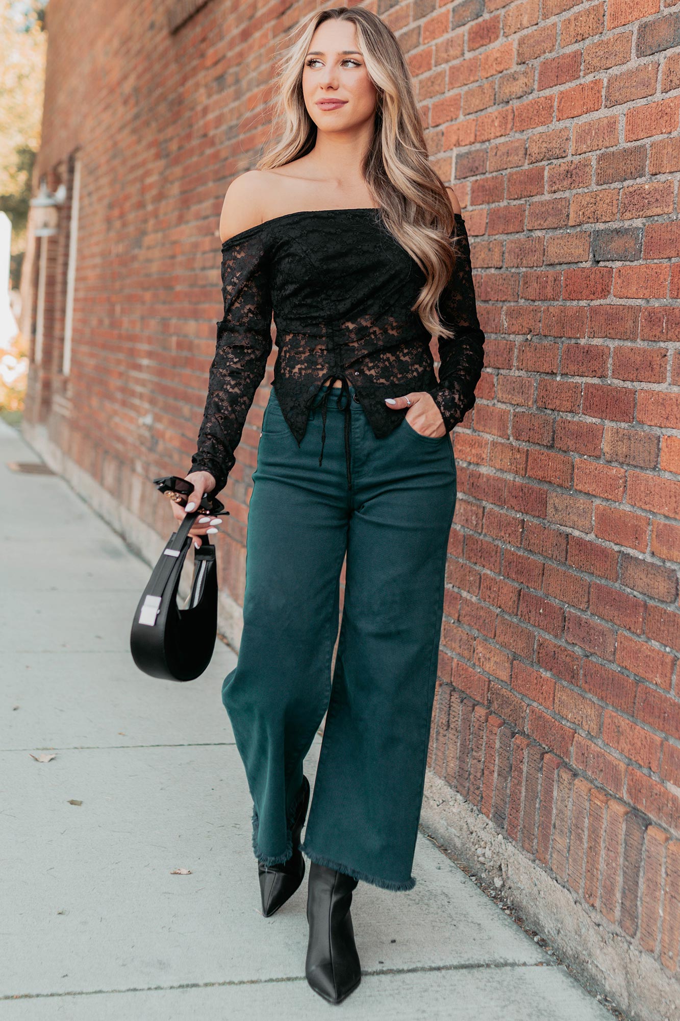 Up To Standard Ruched Lace Asymmetric Top (Black)