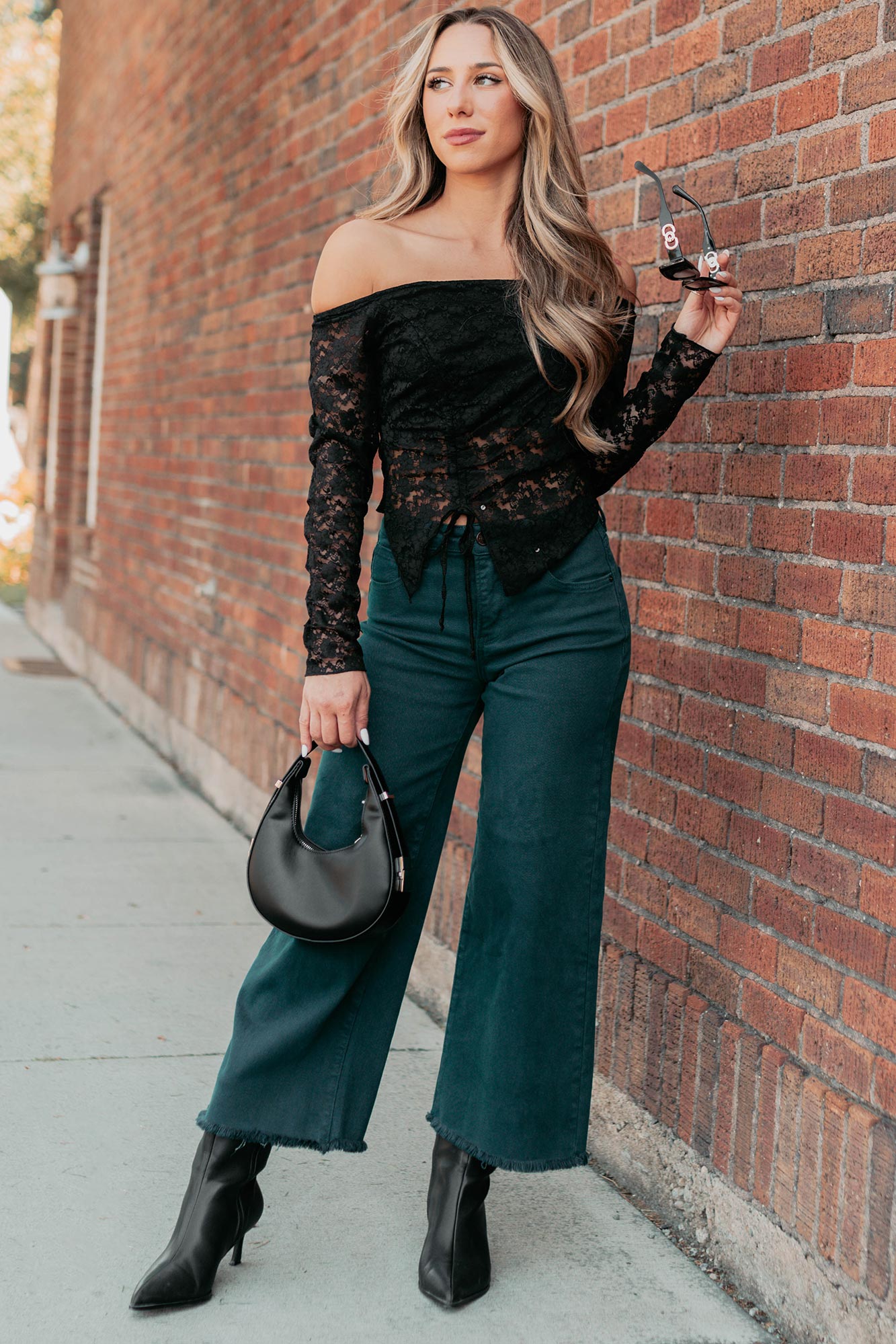 Up To Standard Ruched Lace Asymmetric Top (Black)