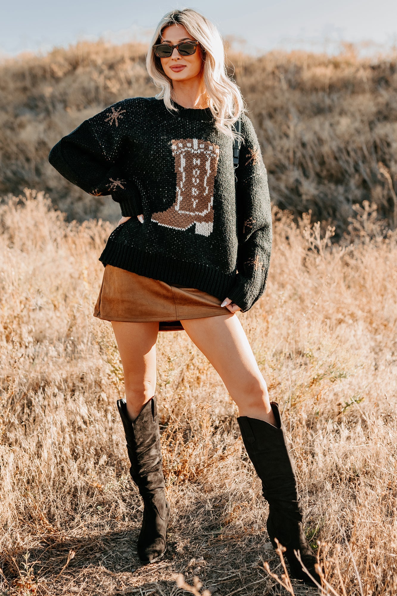 Raised On Rodeo Cowboy Boot Knit Sweater (Black)