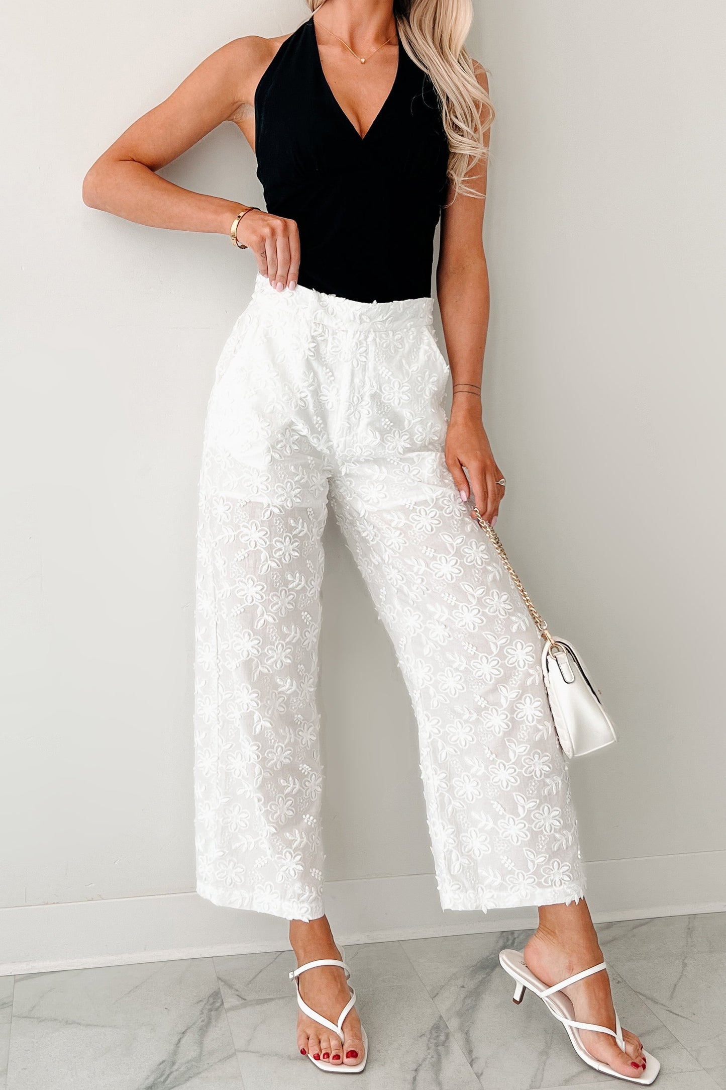 Rise & Shine Floral Embroidered Wide Leg Pants (White)