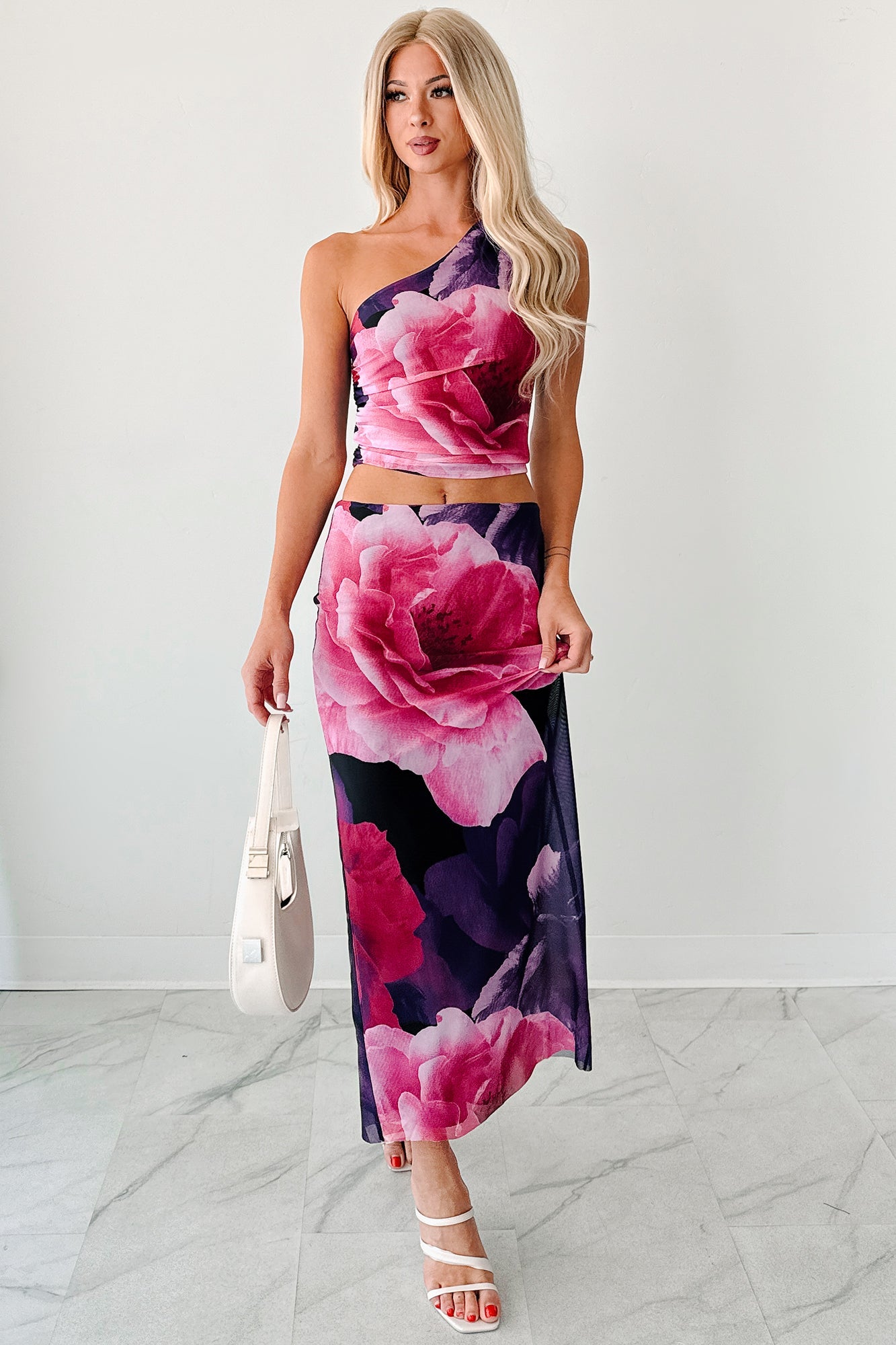 Soft Reign One Shoulder Floral Mesh Top (Purple/Pink)